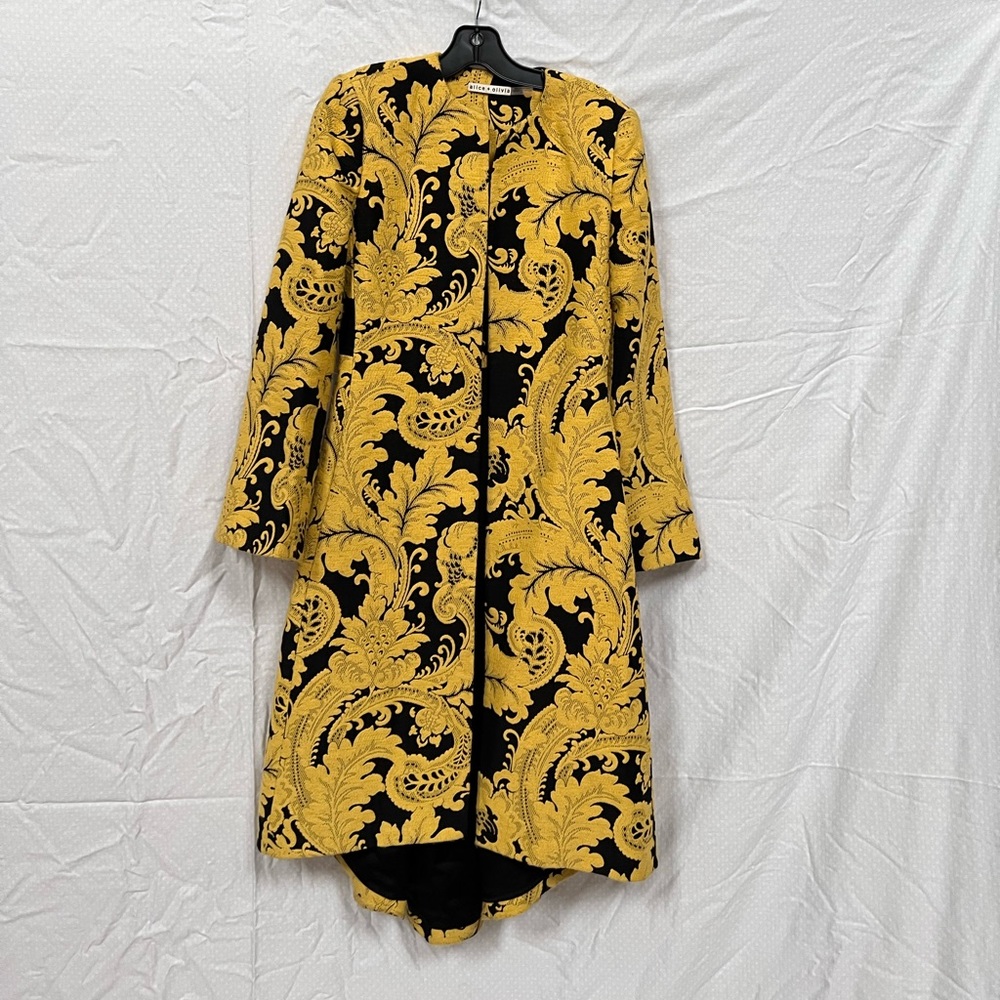 Alice + Olivia Black and Yellow Floral Baroque Liza Bell Sleeve Coat
